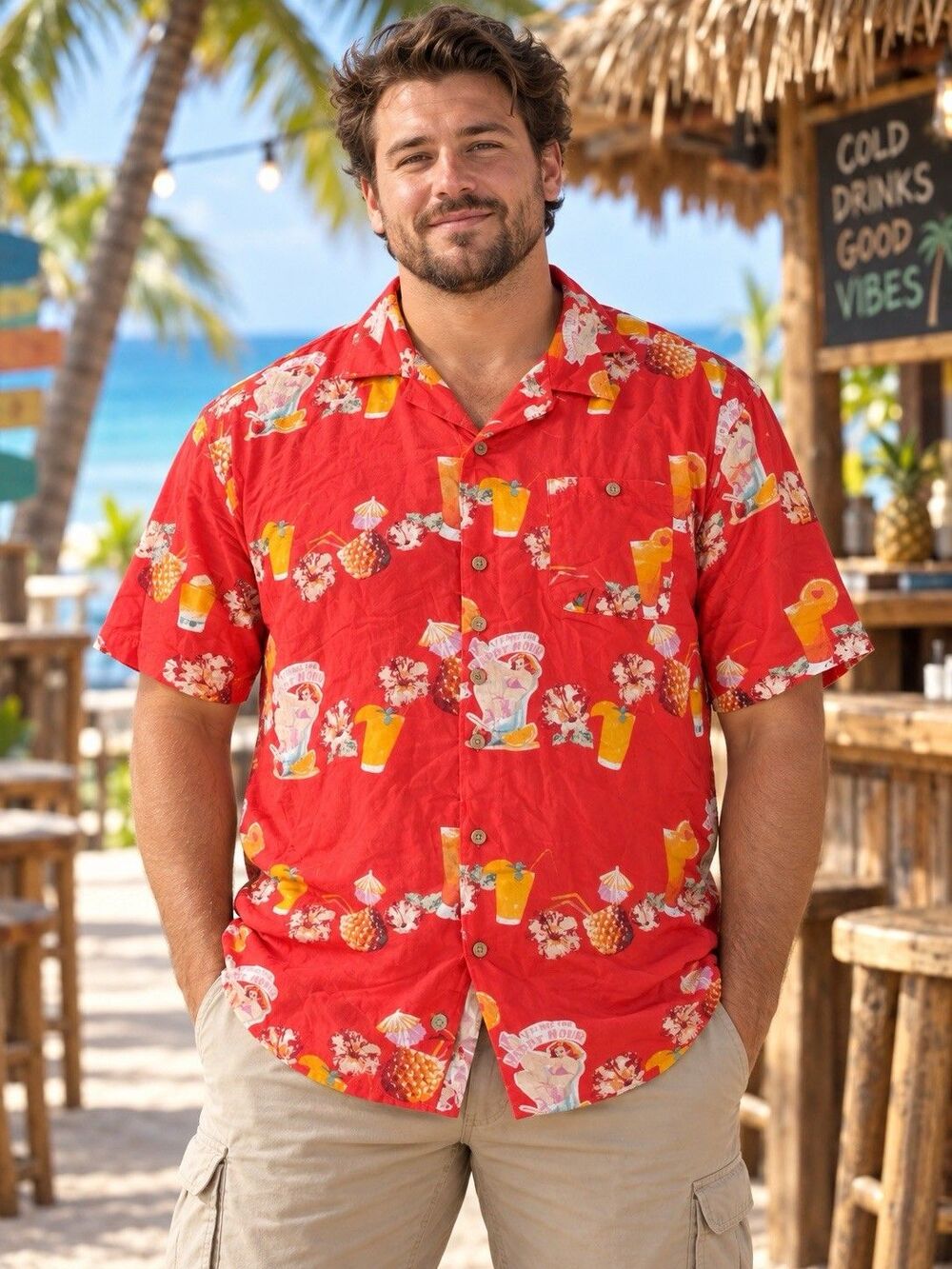 Junction West Hawaiian Shirt XXL Red Happy Hour Cocktail Bikini Pinup Tropical